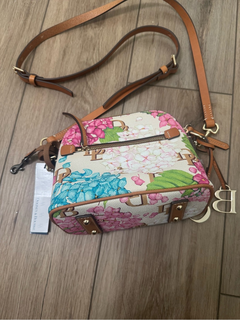 Dooney & Bourke Floral Crossbody in Pink Blue with Tan Trim
